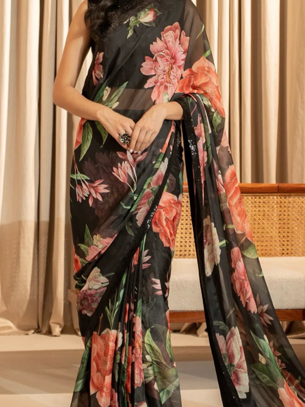 Black Floral Saree with Pink Blooms - Elegant Women's Saree